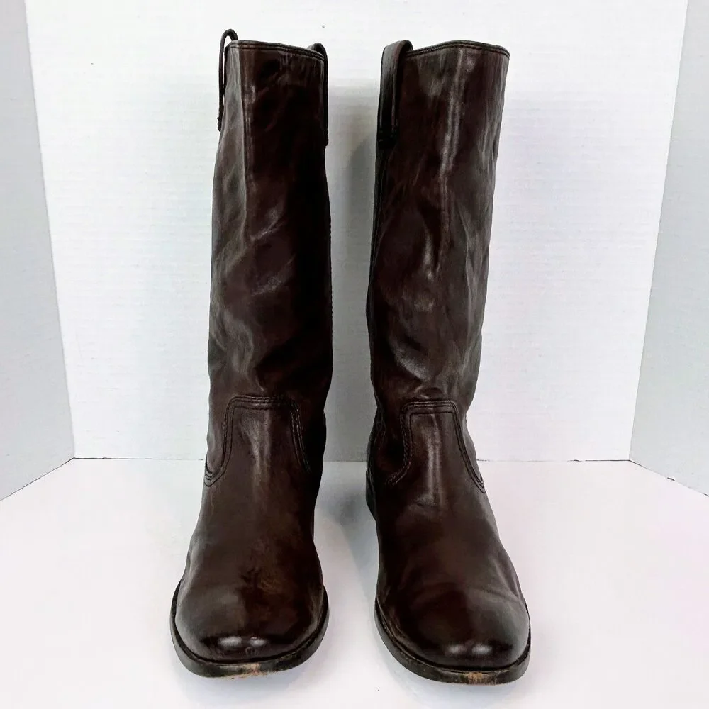 Frye Anna Pull On Riding Boots Full Leather Under the Knee High Dark Brown sz 9